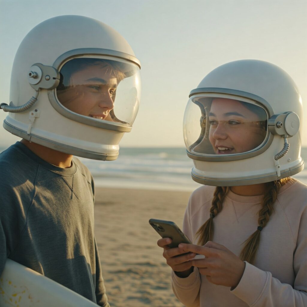 Deux adolescents portant des casques d'astronaute sur une plage, se regardant et discutant de leur avenir. Le garçon tient un téléphone et la fille tient un téléphone. Ils portent des sweat-shirts et des casques d'astronaute blancs de style rétro. L'arrière-plan est une plage avec du sable clair et l'océan.
